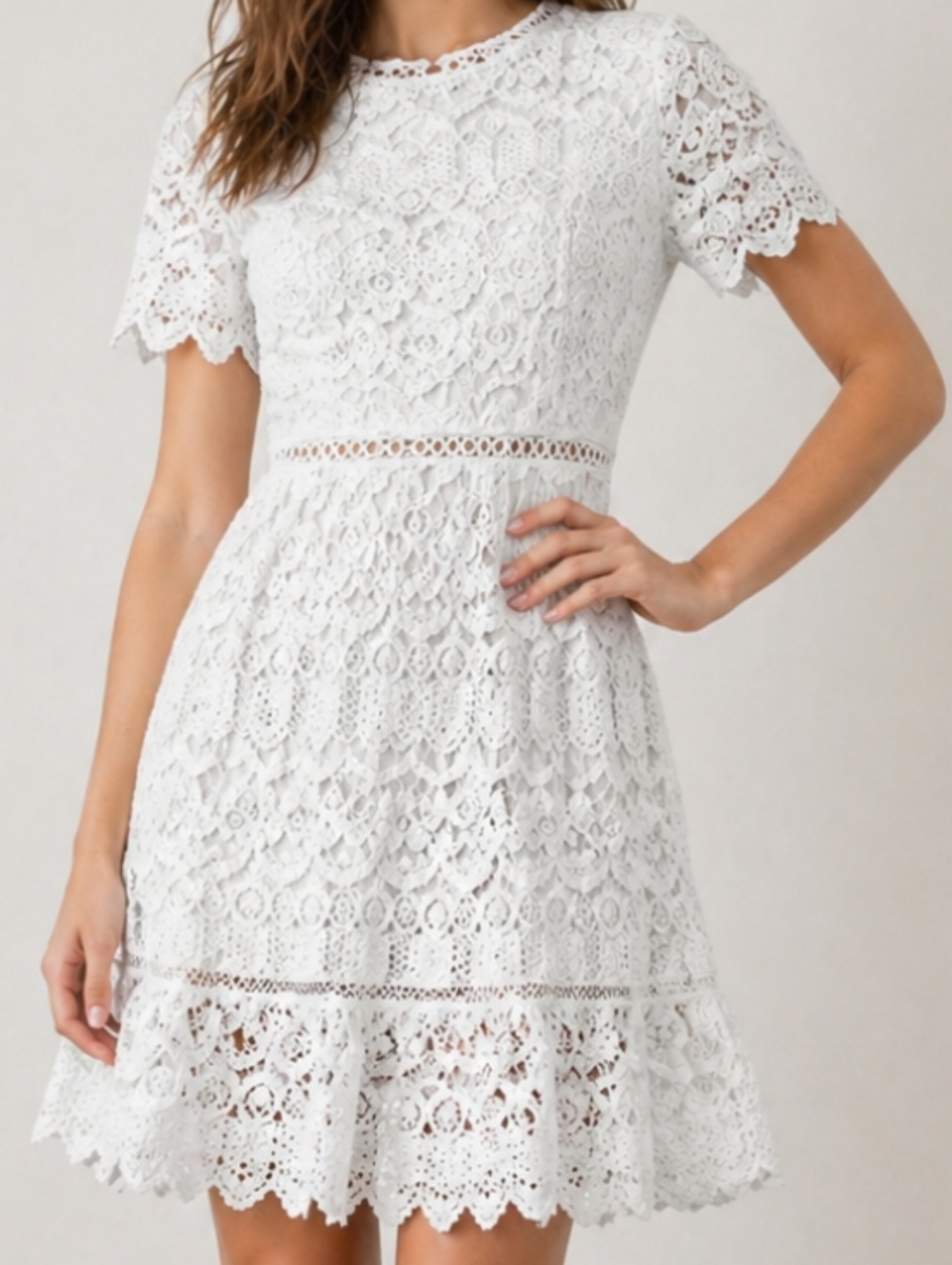 Moon River White Cotton Lace Floral Scallop Mini Dress Large New Trending